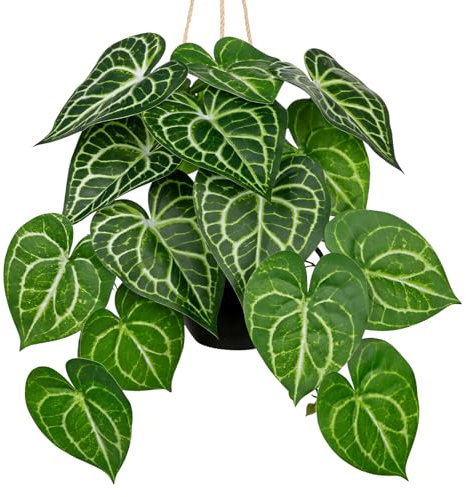 Arborus Künstliche Hängepflanzen 56 cm Anthurium Crystallinum Kunstpflanze im Topf Hängende Kunstpflanze Plastikpflanzen Hängend Dekopflanzen für Regal Badezimmer Esszimmer Wohnzimmer Deko