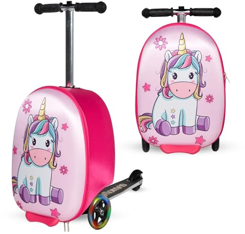 TinyNomad Adventure Ride-On scooterresväska för barn – roligt resekompanjon bagage med inbyggd skoter, LED-hjul och handbagage design för åldrarna 5-12, Rosa, CH, Enhörning