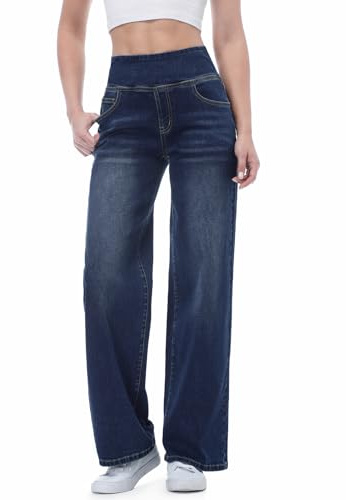 Chasehot Pull on Wide Leg Jeans for Women, High Waisted Stretchy Baggy Trendy Tummy Control Straight Leg Jeans Denim Pants,Dark Indigo Wash-L