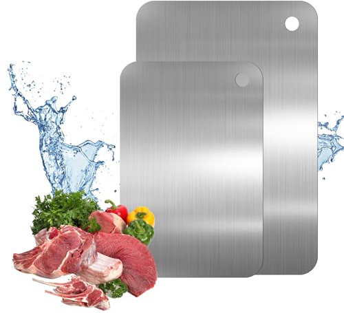 2 Pièces Planche à Découper en Titane 30x19.5cm, 23.5x14.5cm Alimentaire Planche a Decouper Inox des Deux Côtés, Multifonctionnelle, Antibactérienne Titanium Cutting Board pour Viande Fruits Légumes