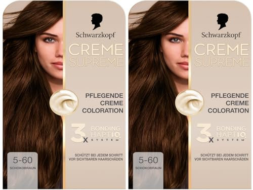 Schwarzkopf Creme Supreme Coloration 5-60 Schokobraun (2x 182 ml), dauerhafte Haarfarbe mit Serum und Haar-Maske schützt vor sichtbaren Haarschäden, für 100% Grauabdeckung