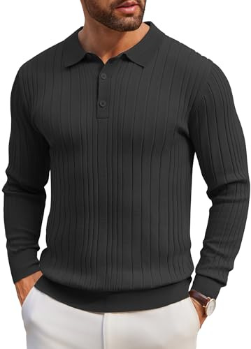 COOFANDY Men's Polo Jumper Knitted Lang Sleeve Poloshirt Pullover Winter Sweater Casual Solid Color Sweatshirt