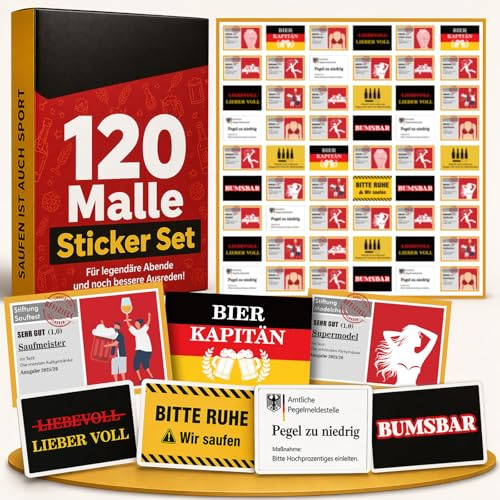 Anruzon 120x Malle Sticker Set in Top-Qualität mit UV-Beschichtung - 12 Motive x 10 Sticker - Lustige Sauf Aufkleber für Malle Accessoires, Ballermann, Festival, Shirt, JGA Party