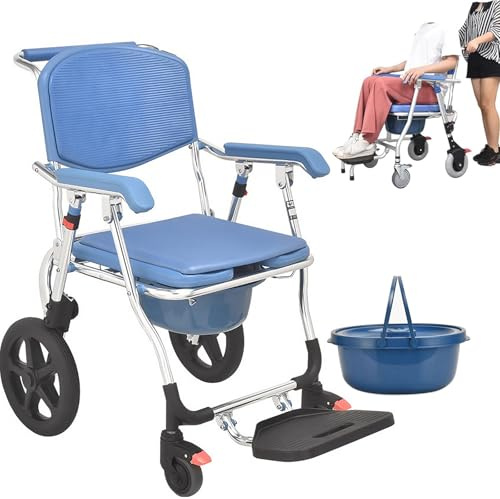 3-in-1 Duschstuhl Mit Rollen Für Senioren Fahrbarer, Klappbarer Toilettenstuhl Mit Abnehmbarem Töpfchen Für Senioren, Duschrollstuhl Toilettenrollstuhl Klappbaren Fußstützen (Blau, 92X94X50cm)