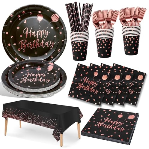 Nkaiso Compleanno Stoviglie per Feste, 20 Ospiti Nero e Rosa Oro Stoviglie Carta Set Include Piatti di Carta Tovaglioli Tazze Riutilizzabili Stoviglie Decorazioni per Feste per Bambini