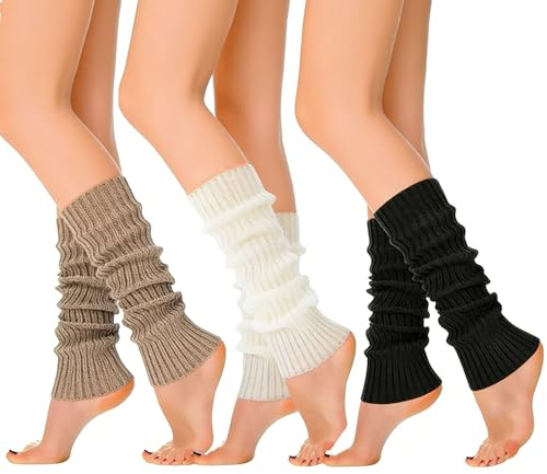 Embhlitfe 3 pares de calentadores de piernas para mujer, calentadores de piernas de punto acanalado para mujer, calentador de tobillo para ballet, yoga, baile, deportes, estilo retro de los años 80