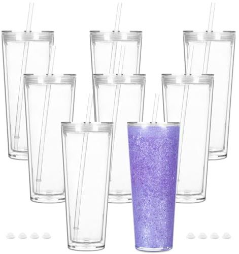 Cosictic 24 OZ Mehrweg Acryl-Schneekugel-Tumbler mit vorgebohrtem Loch, 709ml, Kunststoff-Doppelwandiger Schneekugel-Tumbler mit klarem Deckel und Trinkhalm, (8 Stück)