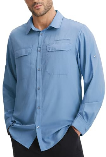 baleaf Camicia da uomo a maniche lunghe, con protezione solare UPF 50+, leggera, ad asciugatura rapida, con tasche, per escursionismo, passeggiate, golf e abbigliamento casual