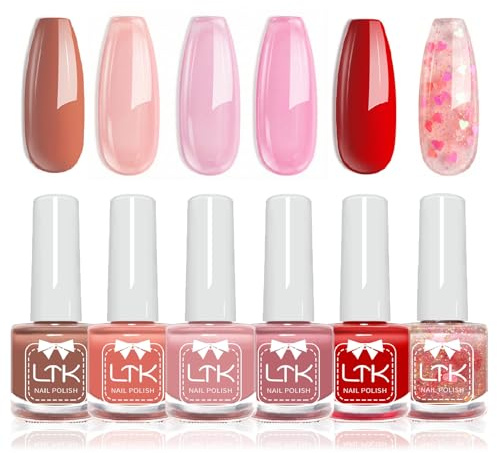 Nail Polish Set, 6 Colours Jelly Nude Pink Red & Glitter Nail Varnish, Quick Dry Long Lasting Non-Toxic Nail Polish, Glossy Sheer Jelly Finish, No UV Needed for DIY Home Manicure Women Girls