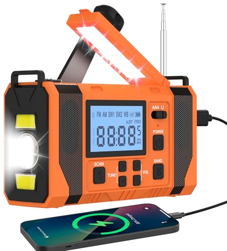 Notfall-Solar Radio, 10000mAh Notfall Kurbelradio mit LED-Display, AM/FM Radio, Taschenlampe+ Leselicht,SOS-Alarm,Powerbank,3-Ladearten (Solar/USB/Handkurbel), für Camping/Wandern/Stromausfall,Orange
