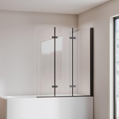 Cozynest Duschwand für Badewanne 140x140cm 3-teilig Faltbar Duschtrennwand | Schwarz Badewannenaufsatz mit 6mm ESG Glas Nano Beschichtung,platzsparend,Heb-/Senk-Funktion,Rahmenlos
