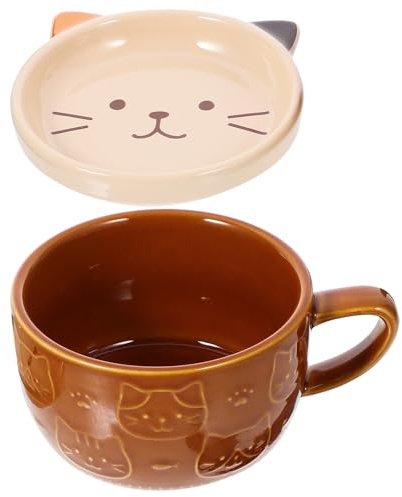 JOINPAYA Taza de Café de Dibujos Animados Diseño de Gato Marrón, Cerámica Multiusos con Tapa para Aficionados los Gatos, Taza de Té Antidesbordamiento para Uso Casero