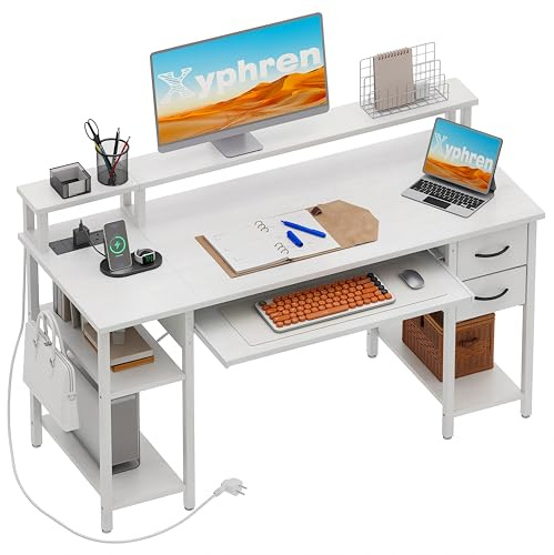Xyphren Skrivbord med 2 lådor, Datorbord Gaming bord med tangentbordshylla, höjdjusterbar sidohylla, monitorställare och eluttag för hemmakontor och vardagsrum,120 * 50cm,Vit
