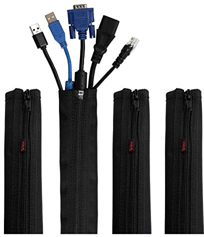 Hikig Lot de 4 Manchons de Gestion de câbles – Manchon Portable en Nylon avec Fermeture éclair, Cache-Fil, Gaine de câble, Manchons de Cordon pour TV, Ordinateur, Bureau, Divertissement à Domicile,