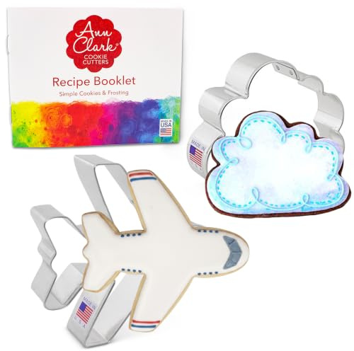Ann Clark Cookie Cutters Juego de 2 cortadores de galletas transporte aéreo/aviación con libro de recetas, avión y nube