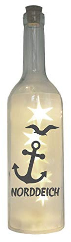 WB wohn trends LED-Flasche mit Motiv, Norddeich mit Anker Möwe, grau, 29cm, Leuchtflasche mit Text Spruch