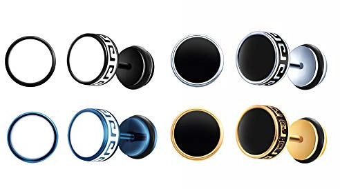 Feilok Pendientes de mujer, hombres, con barra de acero inoxidable, pendientes, pendientes de plata, negros y blancos, para mujer, para hombre, con cierre, pendientes falsos, plug, negro, plateado