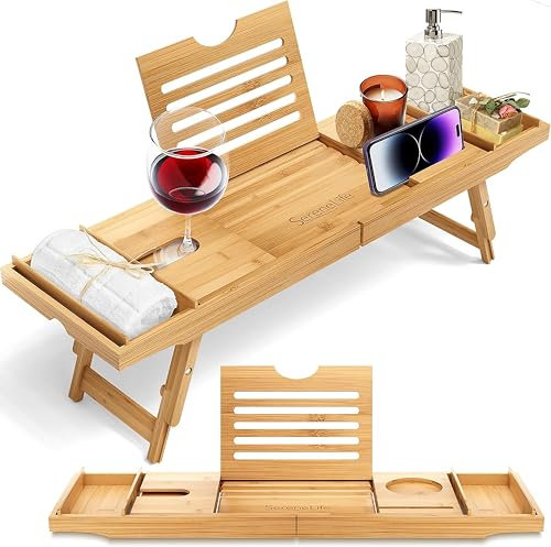 SereneLife Vassoio da Bagno e Colazione Combinato - Legno di Bambù Naturale Impermeabile per Vasca e Letto con Bracci Estraibili, Fessure per Dispositivi, Bicchiere da Vino e Porta Sapone