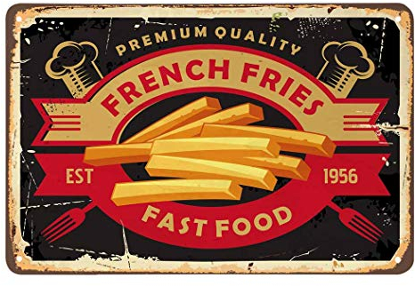 AOYEGO French Fries Tin Sign,Fast Food Fork Ribbon Rust Oval Striped Vintage Metal Tin Signs for Cafes Bars Pubs Shop Wall Decorative Funny Retro Signs for Men Women 8x12 Inch