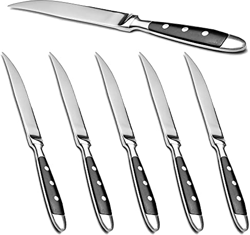 Kerafactum Set di 6 coltelli da bistecca in acciaio inox con lama seghettata | Set di coltelli da bistecca con manico nero | Set da bistrot estensibile