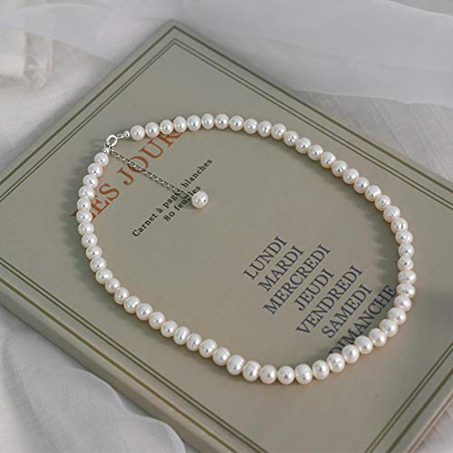 LOKILOKI 6-7mm Perle d'eau Douce Naturelle Collier Ras du Cou 925 Bijoux en Argent Sterling pour Les Femmes Cadeau Tendance Nouvelle Mode