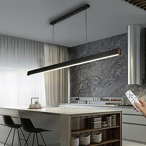 LED Pendelleuchte Dimmbare Schwarz Langer Streifen Esstisch Hängeleuchte mit Fernbedienung Moderne linear Design höhenverstellbar Kronleuchter Lampe für Esstisch Esszimmer Sekretariat Küche 48W/120cm