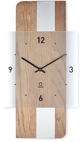 Natuhr Holz Metall Glas Wanduhr - Fusion - geräuscharm Quarz-Uhrwerk plastikfrei verpackt (Eiche rustikal/Edelstahl Auflage)