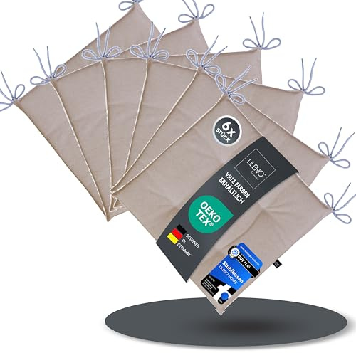 LILENO HOME 6er Set Stuhlkissen Hellbraun (40x40x4,5 cm) - Sitzkissen für | Gartenstuhl, Küche oder Esszimmerstuhl - UV-beständige indoor u. outdoor Stuhlauflage als Stuhl Kissen (Laura FUM)