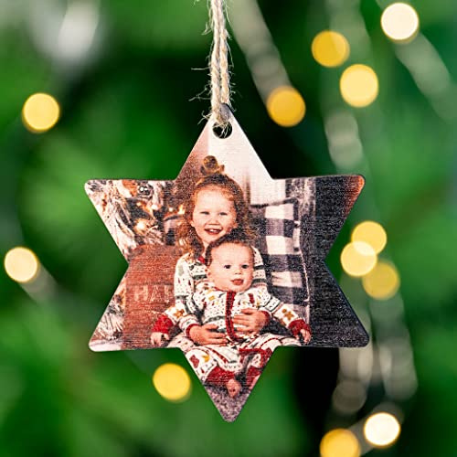 Wanapix | Decorazioni Albero di Natale Personalizzata con Foto e Testo | Addobbi Natalizi in Legno| Ornamenti Natalizi | Con Spago di Iuta per Appenderle | Legno -Stela