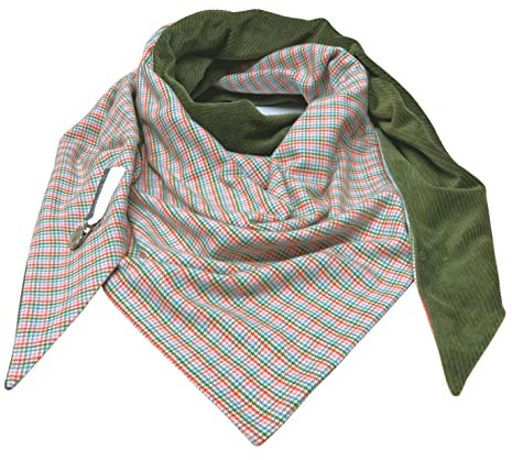 Landhuis handmade – Handgemachtes XXL Dreieckstuch kariert & grün – beidseitig tragbar – Flanell & Nicki – mit Clipverschluss – kuschelig & groß