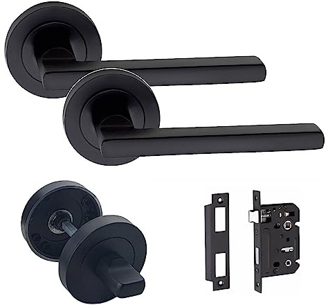 Golden Grace Leon Toilet Door Handles with 64mm Mortise Lock, Matt Black | Includes a pair of metal rose handles, spindles, screws, a 64mm lock (45mm backset) and a convenient thumbturn.