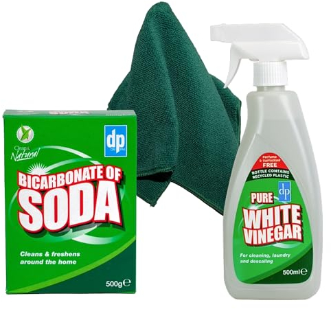 Bicarbonate of soda for Cleaning & White Vinegar for Cleaning (Baking Soda for cleaning),White Vinegar Cleaning Spray and Wilosc Microfibre Cloth Set |