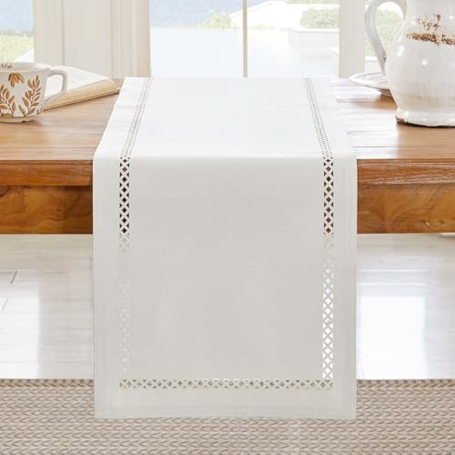 Aoztio Tischläufer Weiß, Leinen Stil Tischläufer Outdoor 120 cm Kurz | Abwaschbar, Modern Geometrisches Lochmuster, Geburtstag, Hochzeit, Festessen Urlaub Parteien und täglichen Gebrauch