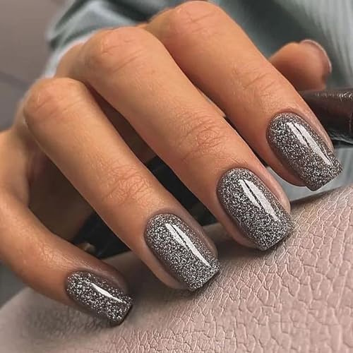 Ceboic 24 Stück Nägel Zum Aufkleben Kurz Eckig, Französische Schwarz Glitzer Kunstnägel Press on Nails, Square Natürliche Falsche Nägel Acryl Full Cover Fingernägel Künstliche Nägel für Frauen