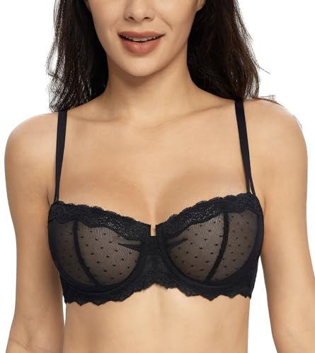 Lemorosy Dirndl-bh för kvinnor med bygel, push up, spets, balconette-behå, halvskal, transparent BH, svart A, 80B