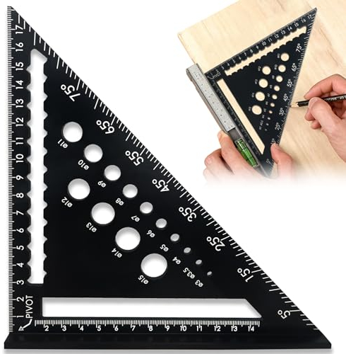 pangdapengpeng 180 mm Zimmermannswinkel Winkelmesser Anschlagwinkel mit Tieflochmarker, Multifunktional Metrisches Dreieckslineal, Winkel Metall 45 90 grad für Holzbearbeitung (Schwarz)