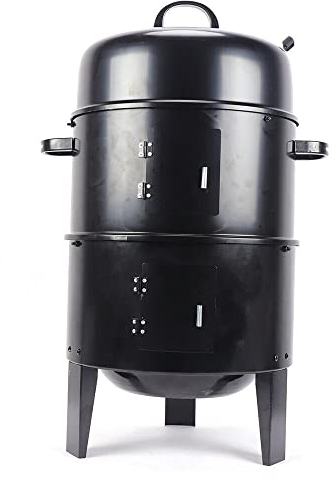 Räucherofen Grilltonne 3in1 BBQ Räucherofen Holzkohlegrill 46 cm mit Deckel, zum Grillen Garen und Räuchern Schwarz