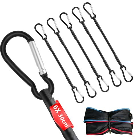 6 Stück Spanngummi mit Karabiner, 30 cm Expander mit Haken, Spanngurte mit Haken, Starker Gummispanner mit Karabinerhaken für vielseitige Outdoor-Anwendungen Schwarz