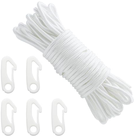 CONNECTION 20M Corda per Bandiera in Nylon con 5 Pezzi Flag Pole Clip a Scatto 6mm Drizza di Bandiera Corda Della Bandiera Della Corda Nylon Per Pennoni,Campeggio,Stendibiancheria,Vela (Bianco)