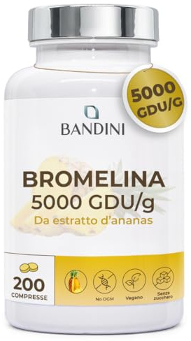 Bandini® Bromelina Fuerte 5000 GDU/g | 200 comprimidos gastrorresistentes - Enzima Digestiva, Extracto natural de piña - Alta dosis, Máximo Absorción - Fabricado en Italia, Sin aditivos, 100% Vegano