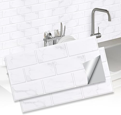 ZTOWOTO 12 PCS Azulejos Adhesivos 30x15 cm - Baldosas 3D Antideslizantes e Impermeables para Baño y Cocina - Look Ladrillo (Blanco)