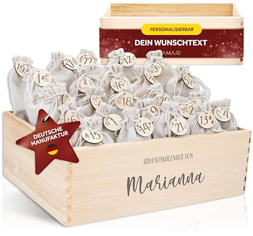 Amari ® Personalisierte Adventskiste 008 - Adventskalender 2025 aus Holz mit Namen - Weihnachtskalender für Kinder & Erwachsene