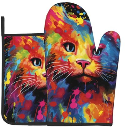 Ofenhandschuhe und Topflappen, Set mit 2 hitzebeständigen Ofenhandschuhen und Topflappen, bunte Malerei, Katzengrillhandschuhe, heiße Pads, Kochhandschuhe für Küche, Backen, Grillen