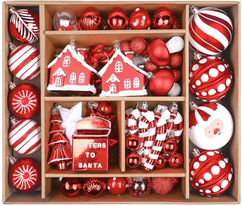 SHareconn 80ct Christmas Balls Ornaments Set, Shatterproof Plastic Colorful Xmas Decorative, Baubles for Tree Decorations with Hanging Strings, Red & White