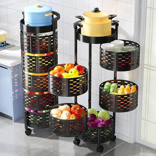 Pangutiandi 5-Tier 360° Rotating Metal Storage Rack with Swivel Wheels & Removable Top Lid - Round Fruit & Vegetable Organizer Basket for Kitchen, Living Room