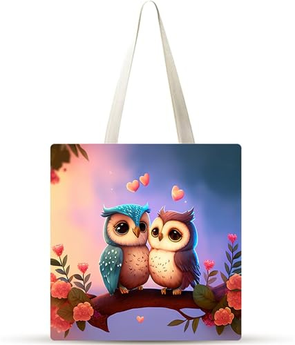 Cekog 1er Set Tote Bag, Wiederverwendbare Einkaufstasche aus Canvas, Tragetasche Damen mit Langen Henkeln, Faltbar mit Zweig Paar Eulen motiv, Geschenke für Einkaufstasche 38x34cm
