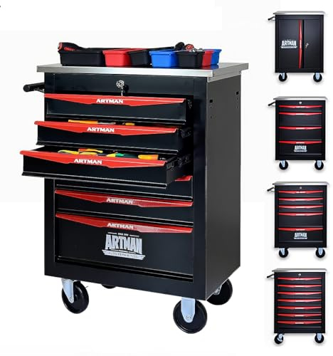 ELIHGTBY Werkzeugwagen leer mit 6 Schubladen Werkstattwagen als Mobile Werkbank mit Rollen Schwerlast zentral abschließbar Werkzeugschrank für Garage & Werkstatt Workshop Trolley Schwarz & Rot