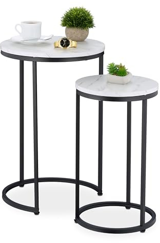 Relaxdays Table d'appoint en Lot de 2 (Dimensions différentes), mélange de matériaux, pour Le Salon, Blanc et Noir