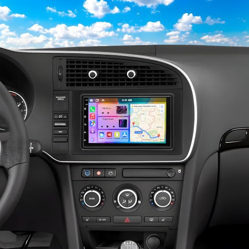 4G+64G Android 14 Double Din Car Stereo Radio for Saab 9-3 93 2007-2011 7 Inch w/Wireless Carplay & Android Auto FM/RDS Car Radio Receiver GPS Navigation w/Rear Camera Mirror Link Built-In WiFi BT