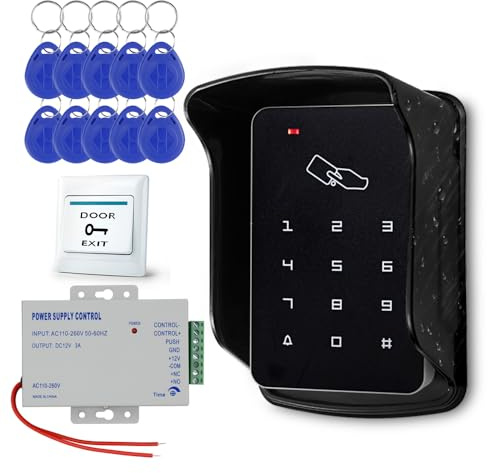 Fredorlokk Serrure de porte et contrôleur d'accès, clavier étanche IP68 + housse de pluie + 10 porte-clés RFID 125 kHz + alimentation CC 12 V 3 A + bouton de sortie, capacité de 1000 utilisateurs